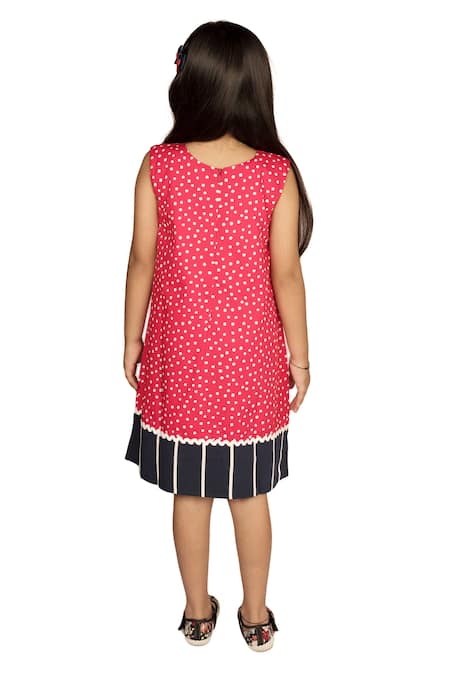 Shop Ribbon Candy Red Cotton Floral Print Dress With Hairpins at Aza Fashions Shop_Ribbon Candy_Red Cotton Floral Print Dress With Hairpins_at_Aza_Fashions