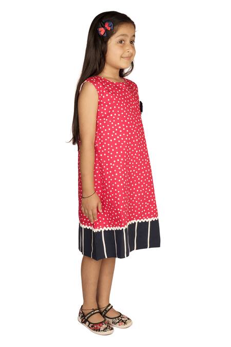 Ribbon Candy Red Cotton Floral Print Dress With Hairpins Online at Aza Fashions Ribbon Candy_Red Cotton Floral Print Dress With Hairpins_Online_at_Aza_Fashions