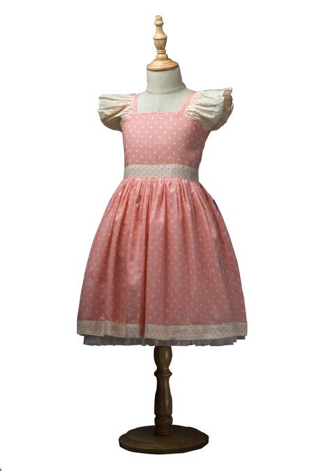 Ribbon Candy_Peach Cotton, Net Polka Dot Dress With Hairpins _Online_at_Aza_Fashions