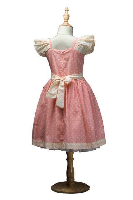 Buy_Ribbon Candy_Peach Cotton, Net Polka Dot Dress With Hairpins _Online_at_Aza_Fashions