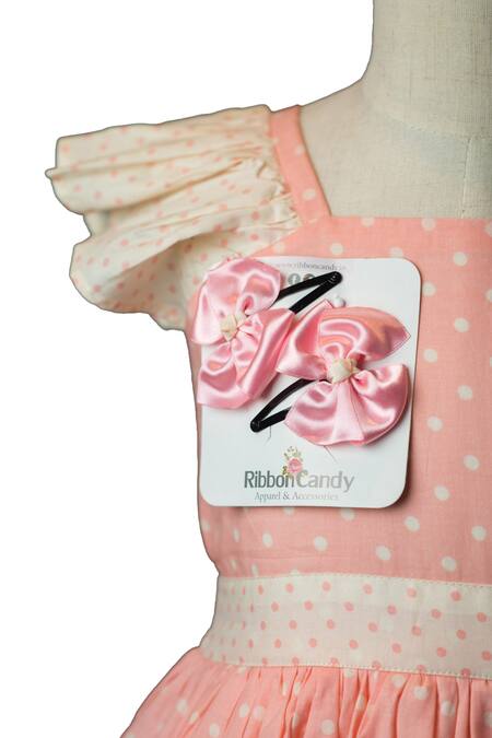 Shop_Ribbon Candy_Peach Cotton, Net Polka Dot Dress With Hairpins _Online_at_Aza_Fashions