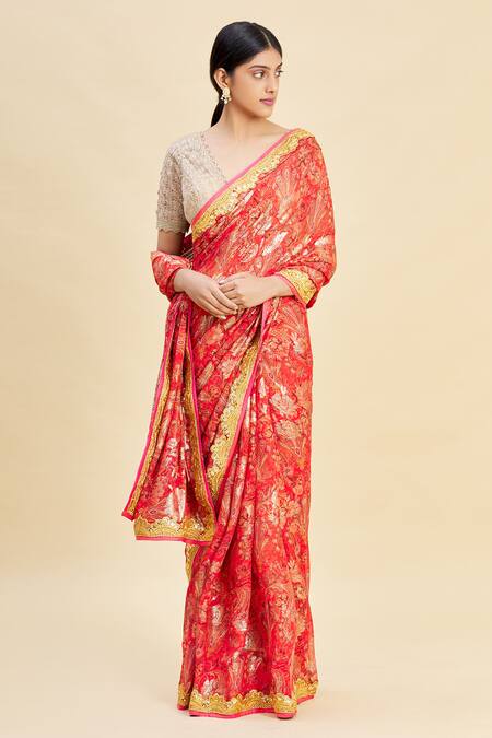 Pallavi Jaikishan_Red Chiffon Lurex Printed Saree_Online_at_Aza_Fashions