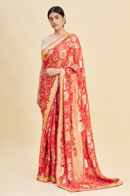 Buy_Pallavi Jaikishan_Red Chiffon Lurex Printed Saree_Online_at_Aza_Fashions