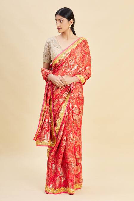 Shop_Pallavi Jaikishan_Red Chiffon Lurex Printed Saree_Online_at_Aza_Fashions
