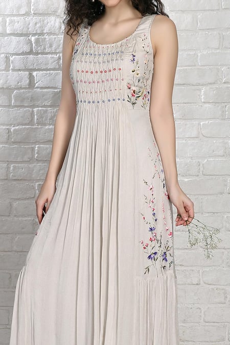 Buy Grey Silk Chiffon Hand Painted Flower Round Neck Pintuck Dress