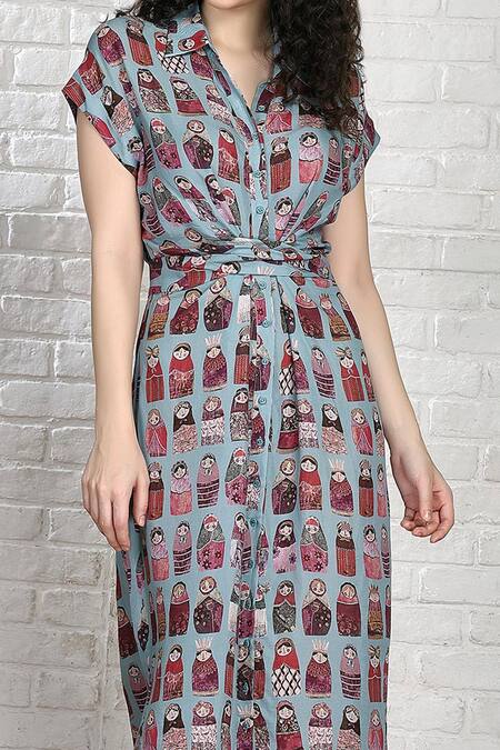 Buy_Whimsical By Shica_Blue Cotton, Silk Collared Babushka Doll Print Shirt Dress _Online_at_Aza_Fashions