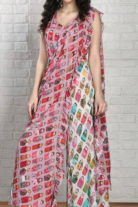 Whimsical By Shica_Multi Color Cotton, Silk Scoop Neck Babushka Doll Print Jumpsuit Saree _Online_at_Aza_Fashions