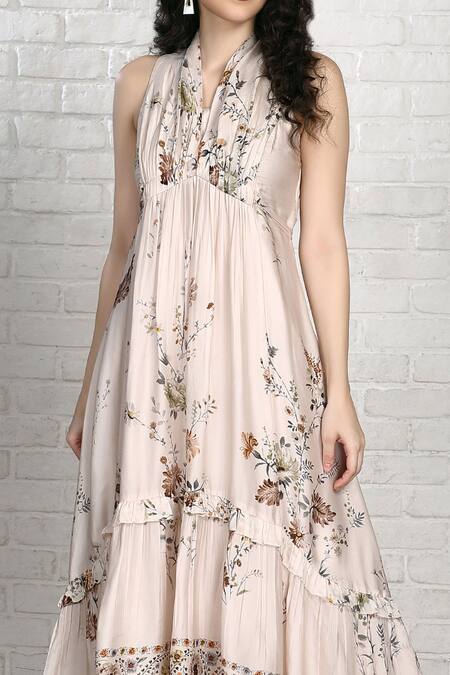 Whimsical By Shica White Organza, Satin V-neck Flower Placement Print Dress Online at Aza Fashions Whimsical By Shica_White Organza, Satin V-neck Flower Placement Print Dress _Online_at_Aza_Fashions