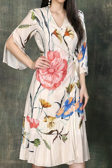 Whimsical By Shica White Organza, Satin Embroidery V-neck Big Flower Print Dress Online at Aza Fashions Whimsical By Shica_White Organza, Satin Embroidery V-neck Big Flower Print Dress _Online_at_Aza_Fashions