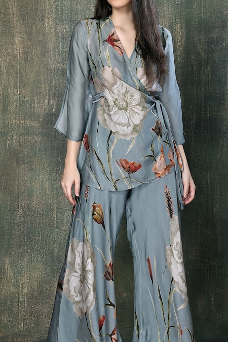 Whimsical By Shica Blue Organza, Satin Beads V-neck Contrast Floral Print Top With Pant Online at Aza Fashions Whimsical By Shica_Blue Organza, Satin Beads V-neck Contrast Floral Print Top With Pant _Online_at_Aza_Fashions