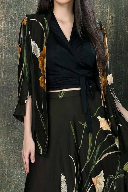 Whimsical By Shica Black Organza, Satin Embroidery V-neck Floral Print Jacket And Skirt Set Online at Aza Fashions Whimsical By Shica_Black Organza, Satin Embroidery V-neck Floral Print Jacket And Skirt Set _Online_at_Aza_Fashions