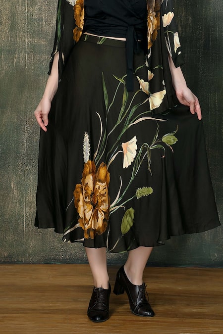 Buy Whimsical By Shica Black Organza, Satin Embroidery V-neck Floral Print Jacket And Skirt Set Online at Aza Fashions Buy_Whimsical By Shica_Black Organza, Satin Embroidery V-neck Floral Print Jacket And Skirt Set _Online_at_Aza_Fashions