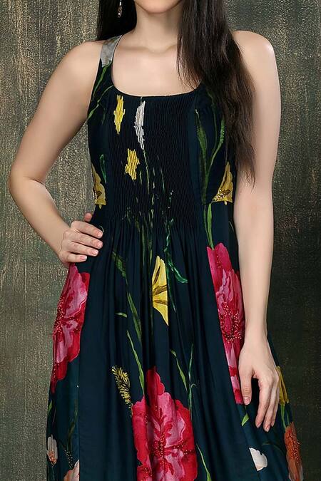 Whimsical By Shica Blue Organza, Satin Scoop Neck Hibiscus Print Dress Online at Aza Fashions Whimsical By Shica_Blue Organza, Satin Scoop Neck Hibiscus Print Dress _Online_at_Aza_Fashions