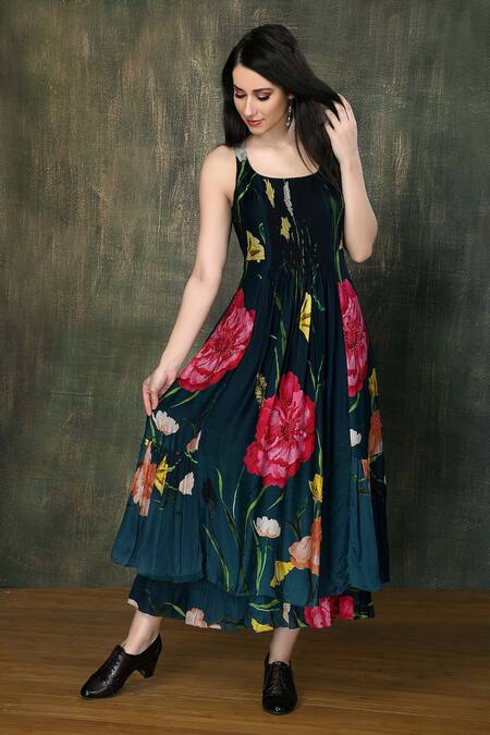 Buy Whimsical By Shica Blue Organza, Satin Scoop Neck Hibiscus Print Dress Online at Aza Fashions Buy_Whimsical By Shica_Blue Organza, Satin Scoop Neck Hibiscus Print Dress _Online_at_Aza_Fashions