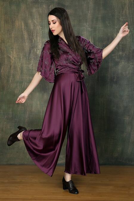 Buy_Whimsical By Shica_Purple Silk Satin Embroidery V-neck Hand Bodice Jumpsuit _Online_at_Aza_Fashions