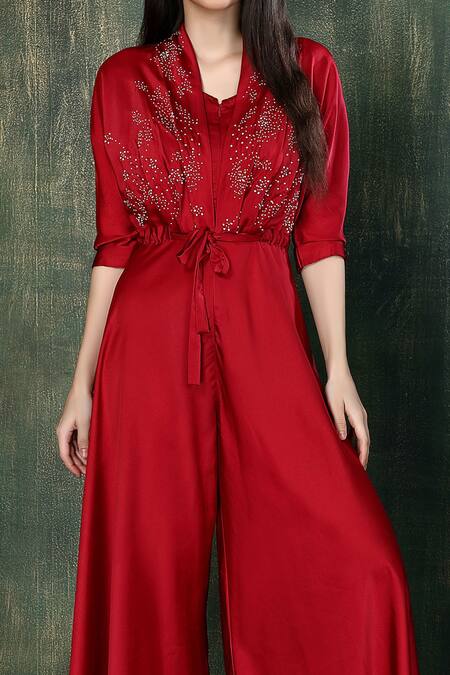 Whimsical By Shica_Red Silk Satin Embroidery V-neck Hand Tie-up Jumpsuit _Online_at_Aza_Fashions
