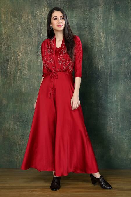 Buy_Whimsical By Shica_Red Silk Satin Embroidery V-neck Hand Tie-up Jumpsuit _Online_at_Aza_Fashions