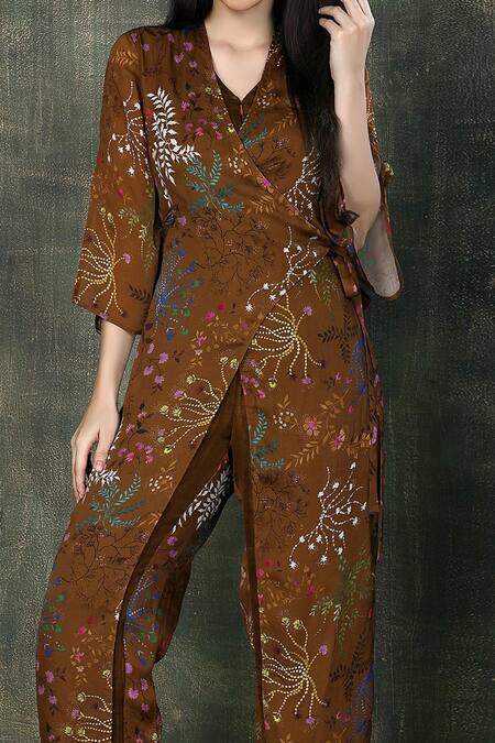 Whimsical By Shica Brown Organza, Satin Embroidery V-neck Ditsy Print Jumpsuit Online at Aza Fashions Whimsical By Shica_Brown Organza, Satin Embroidery V-neck Ditsy Print Jumpsuit _Online_at_Aza_Fashions