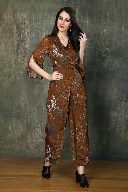 Buy Whimsical By Shica Brown Organza, Satin Embroidery V-neck Ditsy Print Jumpsuit Online at Aza Fashions Buy_Whimsical By Shica_Brown Organza, Satin Embroidery V-neck Ditsy Print Jumpsuit _Online_at_Aza_Fashions