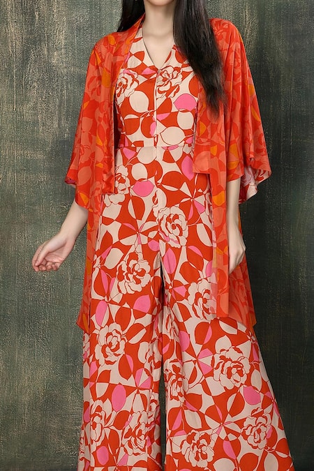 Whimsical By Shica Orange Crepe V-, Open Floral Print Jumpsuit With Jacket Online at Aza Fashions Whimsical By Shica_Orange Crepe V-, Open Floral Print Jumpsuit With Jacket _Online_at_Aza_Fashions