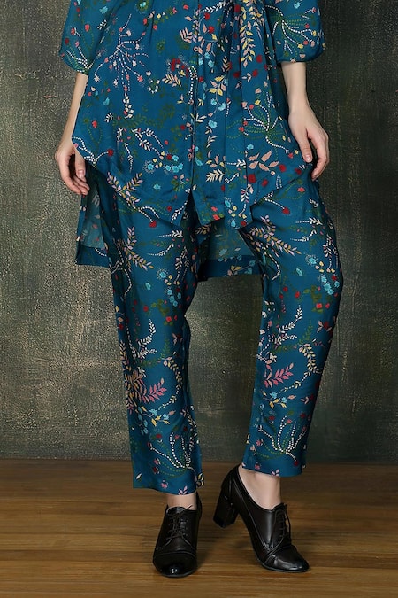 Whimsical By Shica Blue Organza, Satin V-neck Ditsy Floral Print Top With Pant Online at Aza Fashions Whimsical By Shica_Blue Organza, Satin V-neck Ditsy Floral Print Top With Pant _Online_at_Aza_Fashions