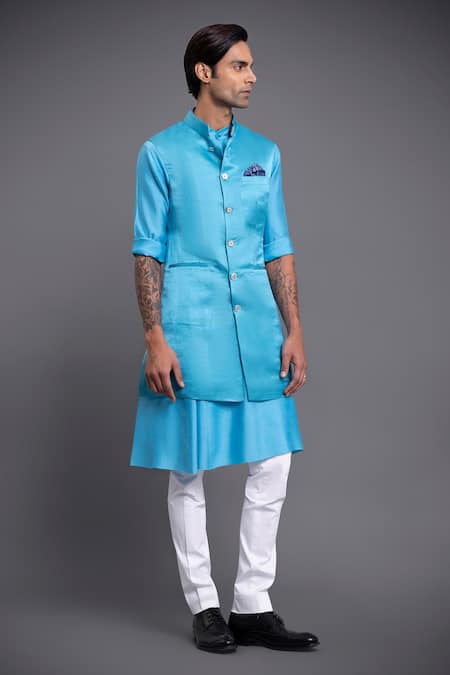 Raghavendra Rathore Jodhpur Blue Linen Silk Waistcoat 