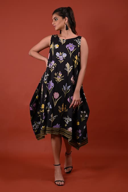 Rimi Nayak_Black Chanderi, Cotton, Silk Embroidery Assorted Floral Print Asymmetric Dress _Online_at_Aza_Fashions