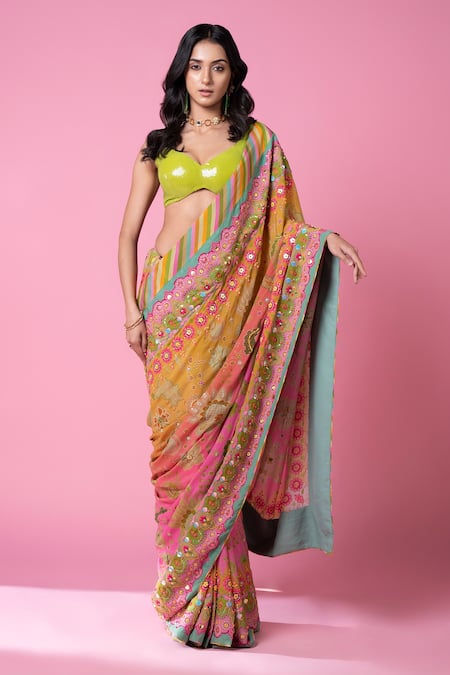 Shop_Siddhartha Bansal_Multi Color Crepe, Georgette Embroidery, Floral Print Saree With Work Blouse _Online_at_Aza_Fashions