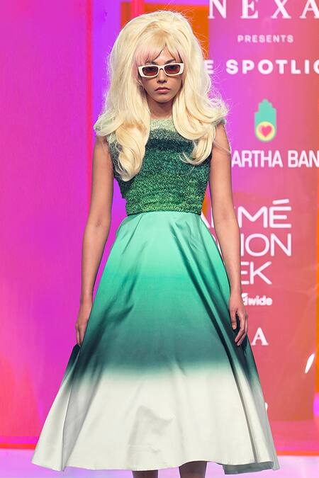 Siddhartha Bansal Green Silk Taffeta Embroidery Ribbon Round Ombre Fit And Flare Dress Online at Aza Fashions Siddhartha Bansal_Green Silk Taffeta Embroidery Ribbon Round Ombre Fit And Flare Dress _Online_at_Aza_Fashions