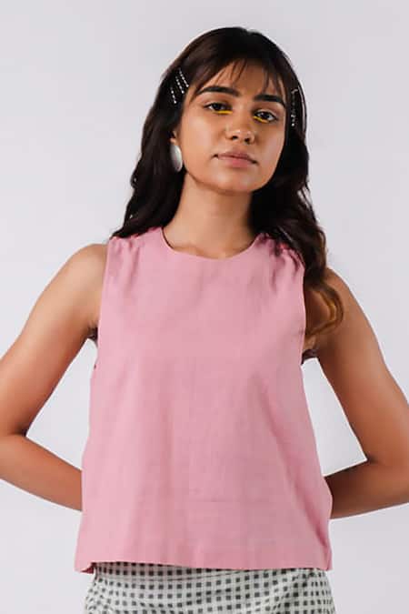Buy Tussah By Siddhi Shah Pink Cotton Round Neck Crop Top Online at Aza Fashions Buy_Tussah By Siddhi Shah_Pink Cotton Round Neck Crop Top _Online_at_Aza_Fashions