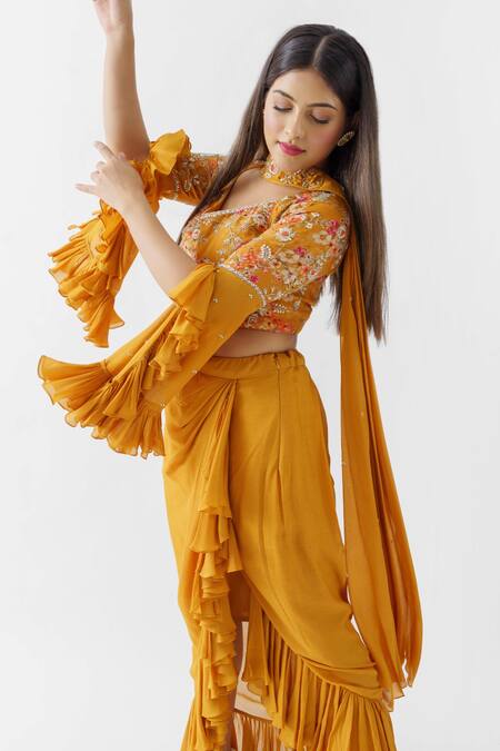Buy_Suruchi Parakh_Yellow Crepe, Georgette Crepe, Lining Shantoon Floral Draped Ruffle Skirt Set_Online_at_Aza_Fashions