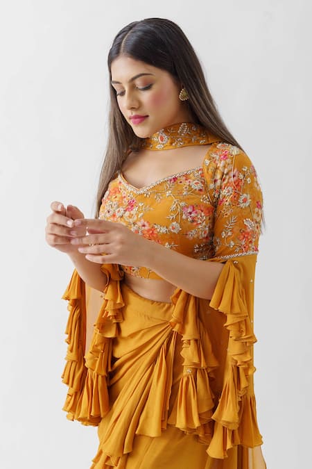 Shop_Suruchi Parakh_Yellow Crepe, Georgette Crepe, Lining Shantoon Floral Draped Ruffle Skirt Set_Online_at_Aza_Fashions