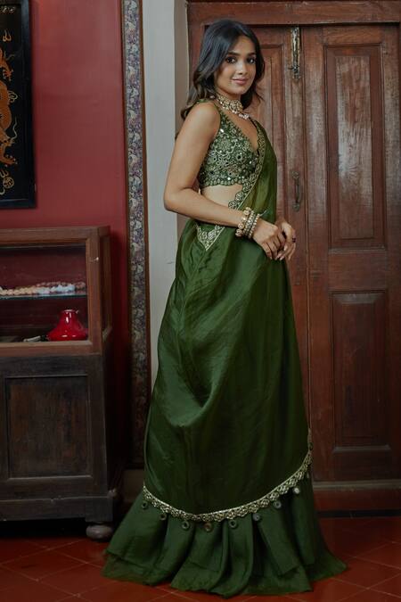 Arpita Mehta Green Georgette Mirrors V-neck One Shoulder Drape And Sharara Set Online at Aza Fashions Arpita Mehta_Green Georgette Mirrors V-neck One Shoulder Drape And Sharara Set_Online_at_Aza_Fashions