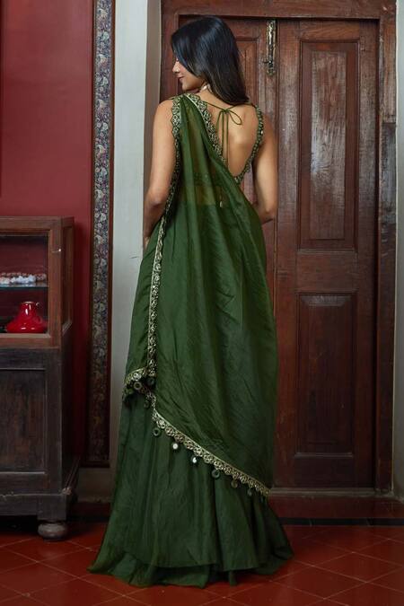Buy Arpita Mehta Green Georgette Mirrors V-neck One Shoulder Drape And Sharara Set Online at Aza Fashions Buy_Arpita Mehta_Green Georgette Mirrors V-neck One Shoulder Drape And Sharara Set_Online_at_Aza_Fashions