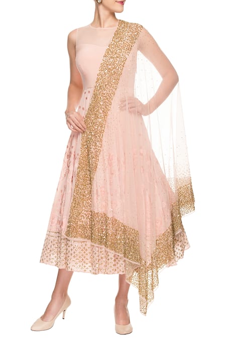 Astha Narang Pink Embroidered Floral Illusion Neck Dress With Dupatta 