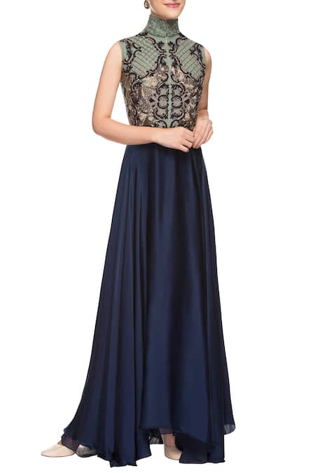 Kartikeya India Blue High Neck Collar Embroidered Anarkali Gown  