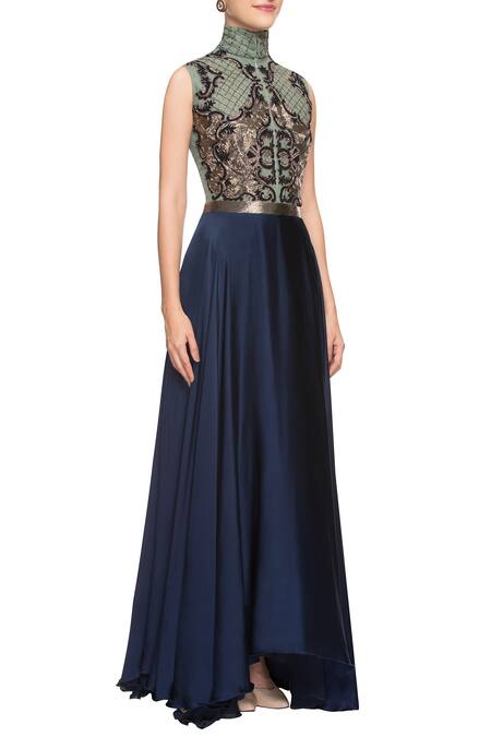 Kartikeya India_Blue High Neck Collar Embroidered Anarkali Gown _Online_at_Aza_Fashions