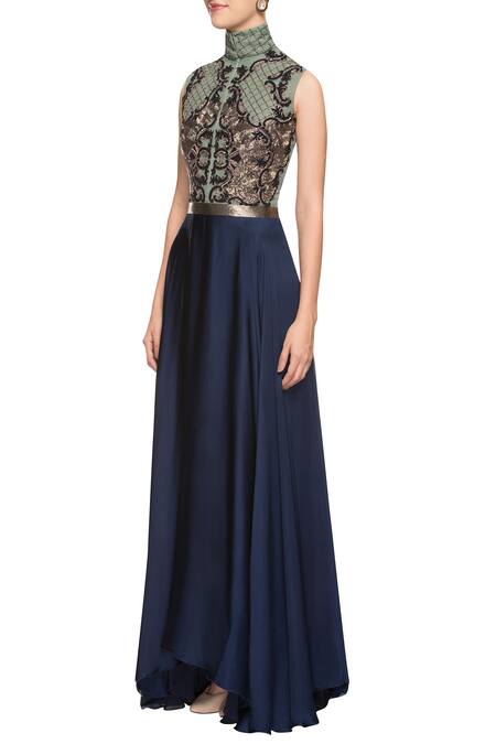 Buy_Kartikeya India_Blue High Neck Collar Embroidered Anarkali Gown _Online_at_Aza_Fashions