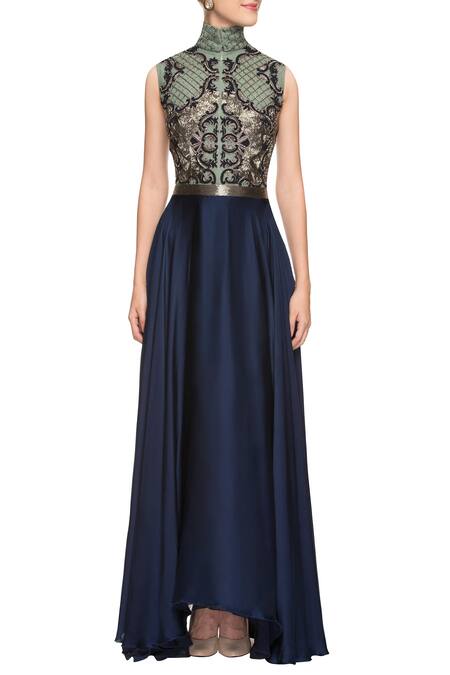 Shop_Kartikeya India_Blue High Neck Collar Embroidered Anarkali Gown _Online_at_Aza_Fashions