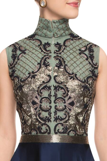 Kartikeya India_Blue High Neck Collar Embroidered Anarkali Gown _at_Aza_Fashions