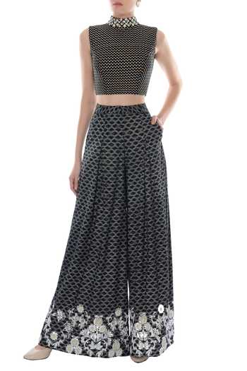 Buy Surendri Black And White Printed Crop Top & Palazzo Pants at Aza Fashions Buy_Surendri_Black And White Printed Crop Top & Palazzo Pants _at_Aza_Fashions