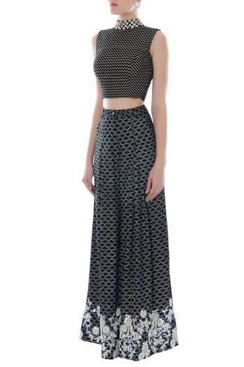 Buy Surendri Black And White Printed Crop Top & Palazzo Pants Online at Aza Fashions Buy_Surendri_Black And White Printed Crop Top & Palazzo Pants _Online_at_Aza_Fashions