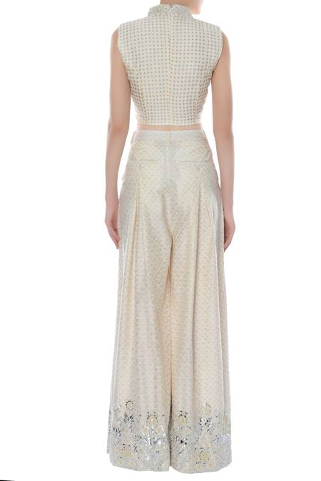 Shop Surendri White Printed Motif High Neck Crop Top And Palazzo Pant Set at Aza Fashions Shop_Surendri_White Printed Motif High Neck Crop Top And Palazzo Pant Set_at_Aza_Fashions