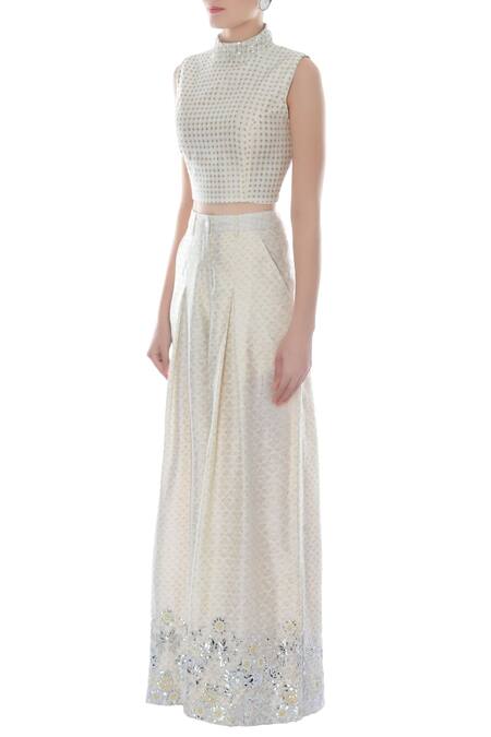 Buy Surendri White Printed Motif High Neck Crop Top And Palazzo Pant Set Online at Aza Fashions Buy_Surendri_White Printed Motif High Neck Crop Top And Palazzo Pant Set_Online_at_Aza_Fashions