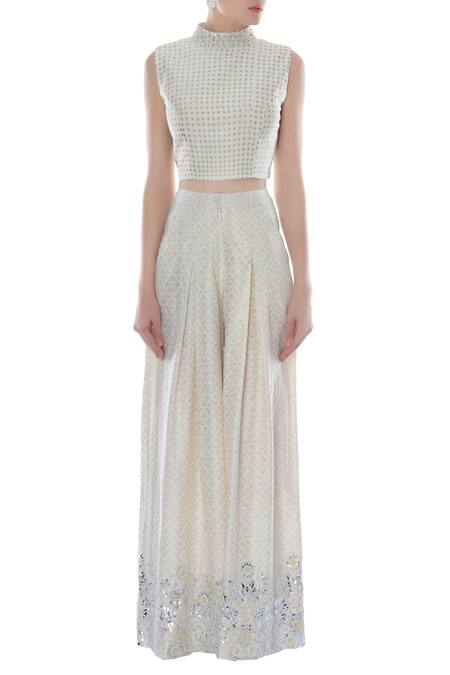 Shop Surendri White Printed Motif High Neck Crop Top And Palazzo Pant Set Online at Aza Fashions Shop_Surendri_White Printed Motif High Neck Crop Top And Palazzo Pant Set_Online_at_Aza_Fashions