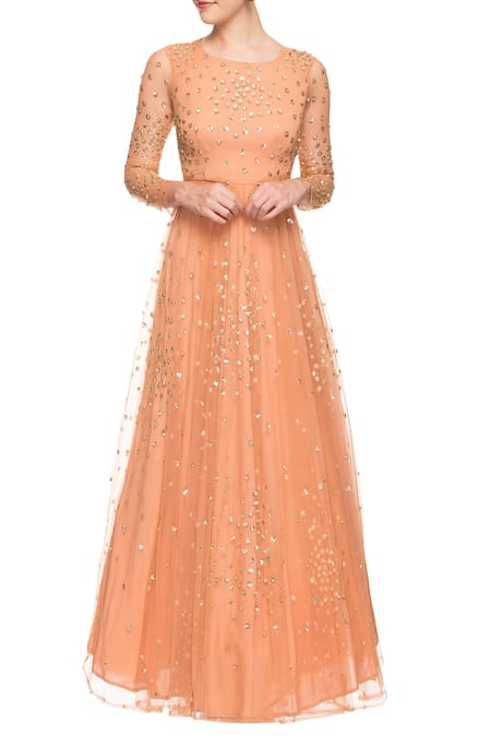 Astha Narang Orange Embellished Sequins Round Neck Gown  