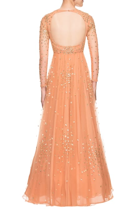Shop_Astha Narang_Orange Embellished Sequins Round Neck Gown _at_Aza_Fashions
