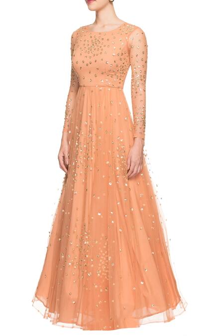 Astha Narang_Orange Embellished Sequins Round Neck Gown _Online_at_Aza_Fashions