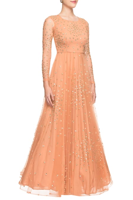 Buy_Astha Narang_Orange Embellished Sequins Round Neck Gown _Online_at_Aza_Fashions