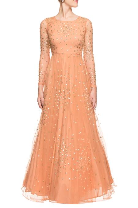 Shop_Astha Narang_Orange Embellished Sequins Round Neck Gown _Online_at_Aza_Fashions